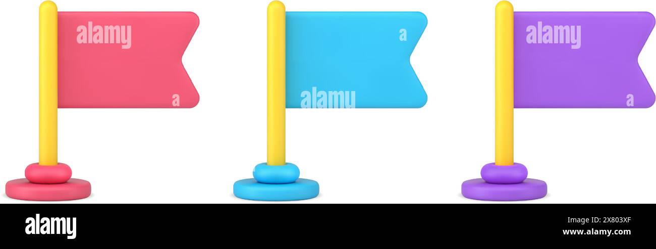 Collection multicolored flags on rack fixing for standing decorative design 3d icon vector illustration. Set of bright symbol of location pinned, achi Stock Vector