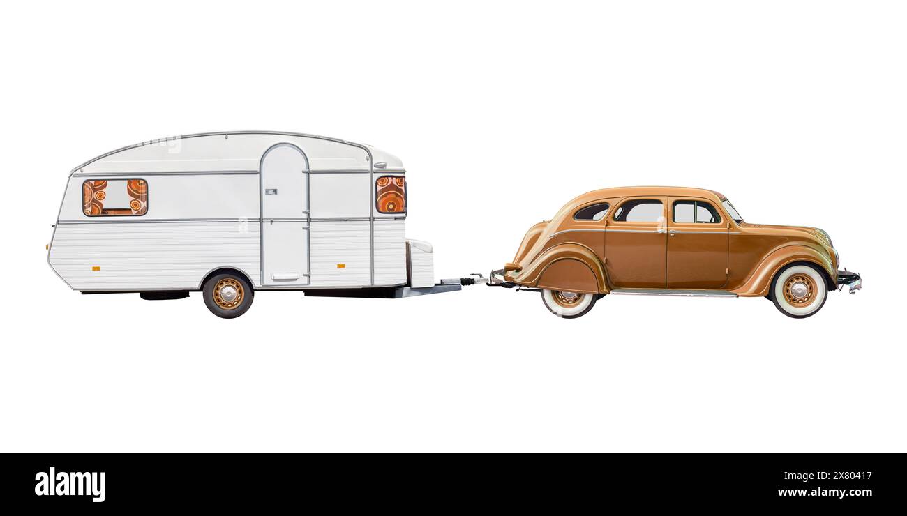 Vintage brown luxury classic car with old white caravan isolated on a white background Stock Photo