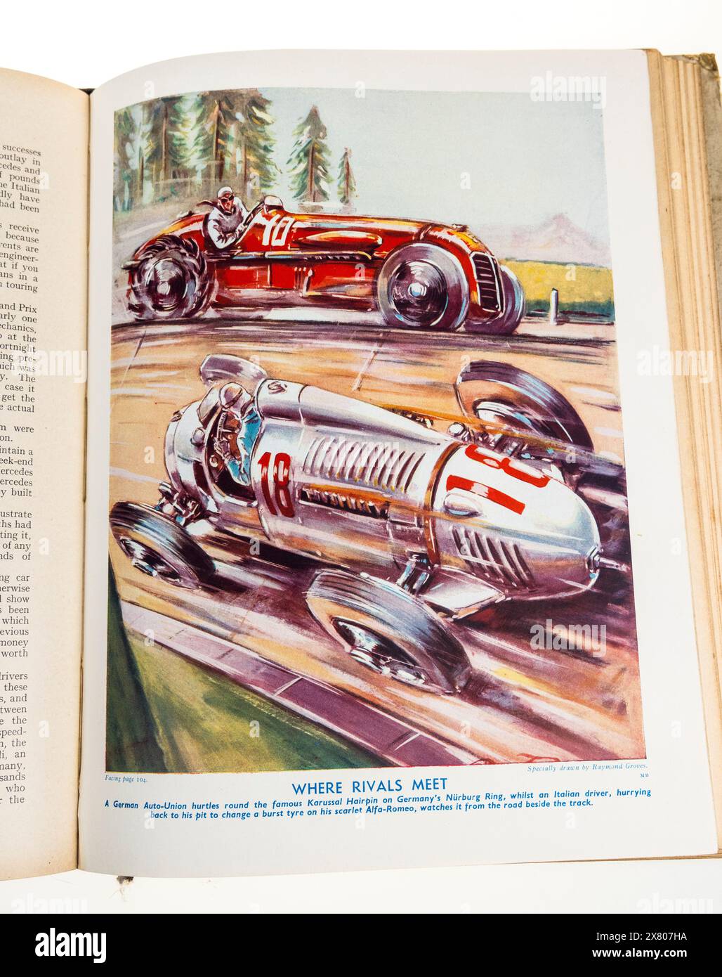 Racing cars in The Modern Boy's Annual, 1938, showing the Karussal Hairpin bend on Germany's Nurburg Ring Stock Photo