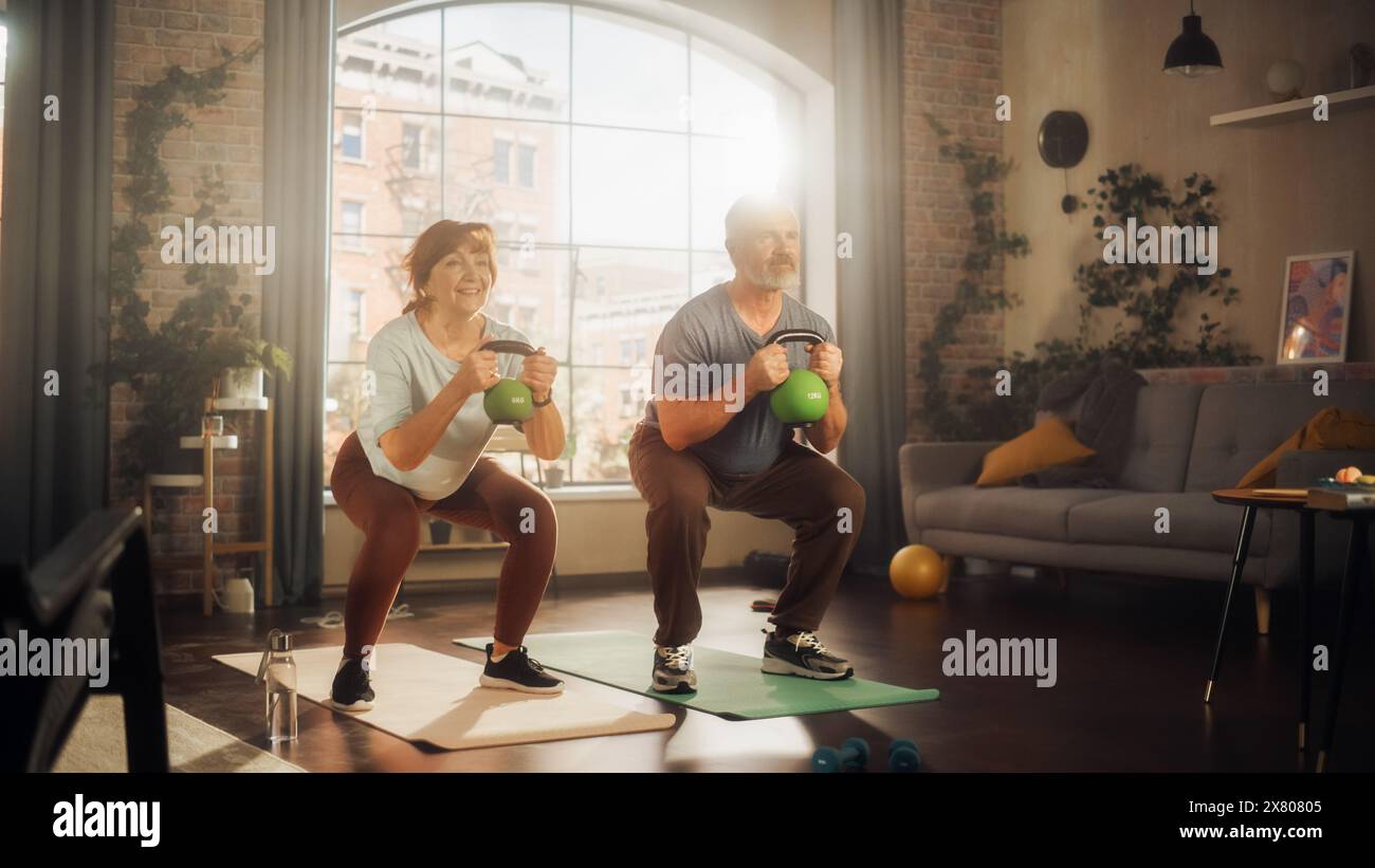 View of Athletic woman doing squats kettlebell hi-res stock photography and ...