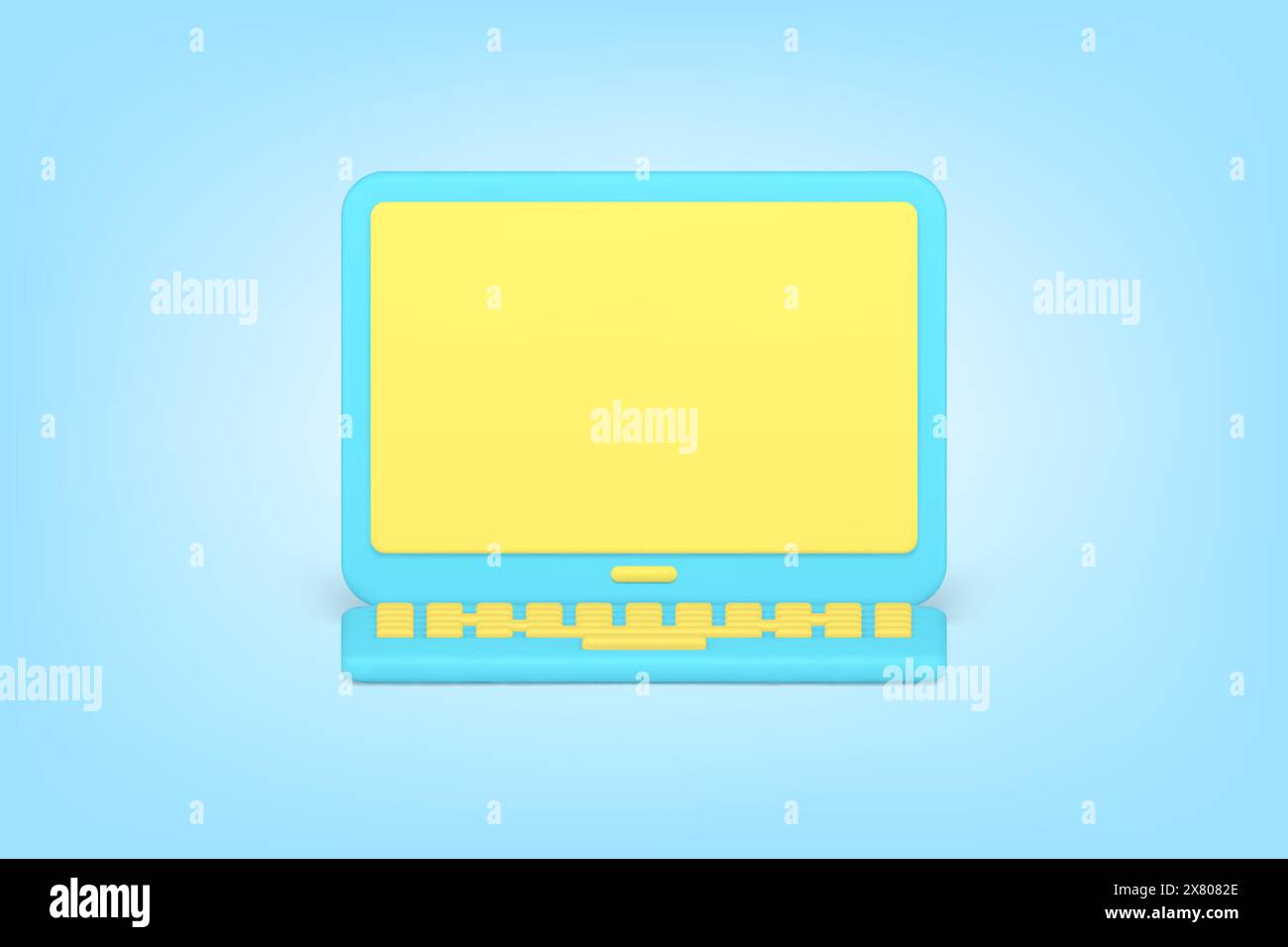 Modern minimalistic laptop 3d icon. Digital device with yellow screen and blue casing. Portable tool for work and online recreation. Powerful gadget i Stock Vector