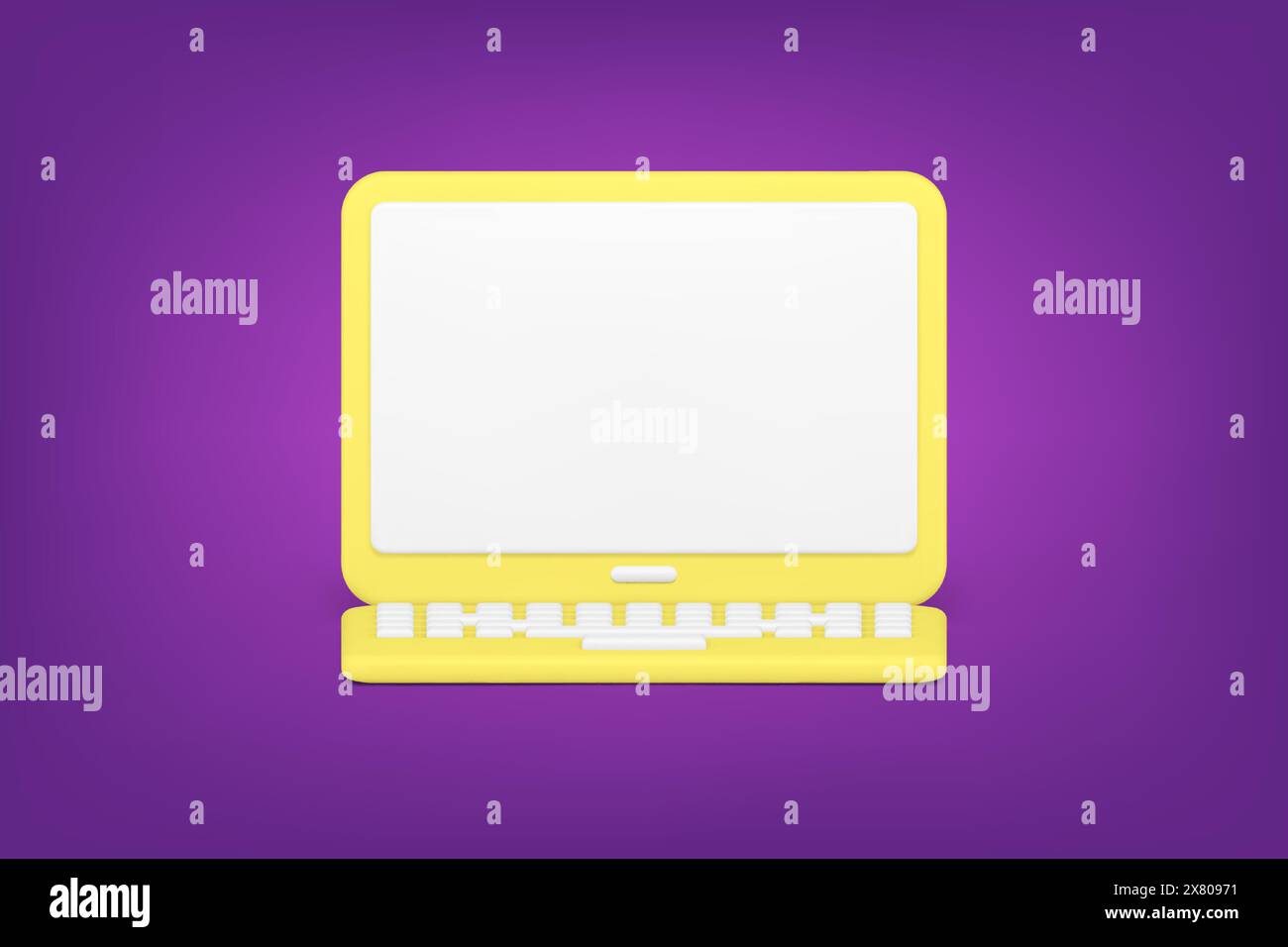 Yellow minimalistic laptop 3d icon. Volumetric digital gadget on purple background. Modern hardware for computing. Programming and online global surfi Stock Vector