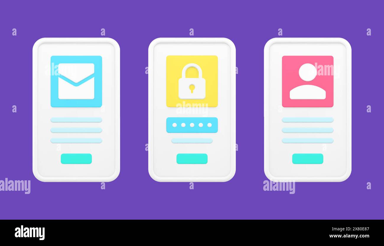Mobile applications for protecting user data 3d icon. Email notification about authorization and password verification. Interface for secure online lo Stock Vector