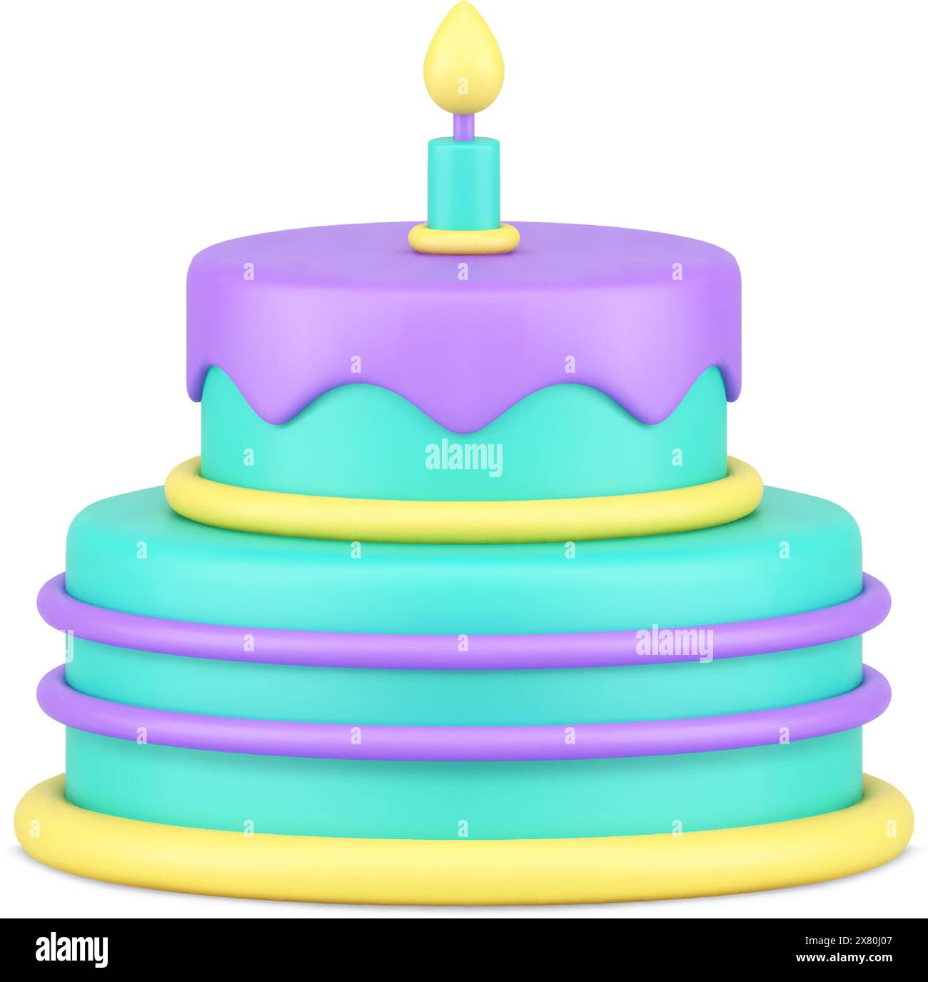 Sweet festive cake anniversary celebration candy delicious one burning candle realistic 3d icon vector illustration. Bright glossy appetizing pie dess Stock Vector