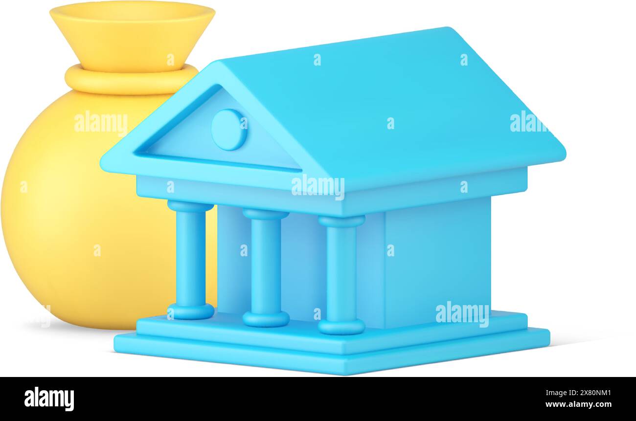 Ancient blue bank real estate exterior Greek columns building on pedestal with yellow sack of money realistic 3d icon vector illustration. Antique fin Stock Vector