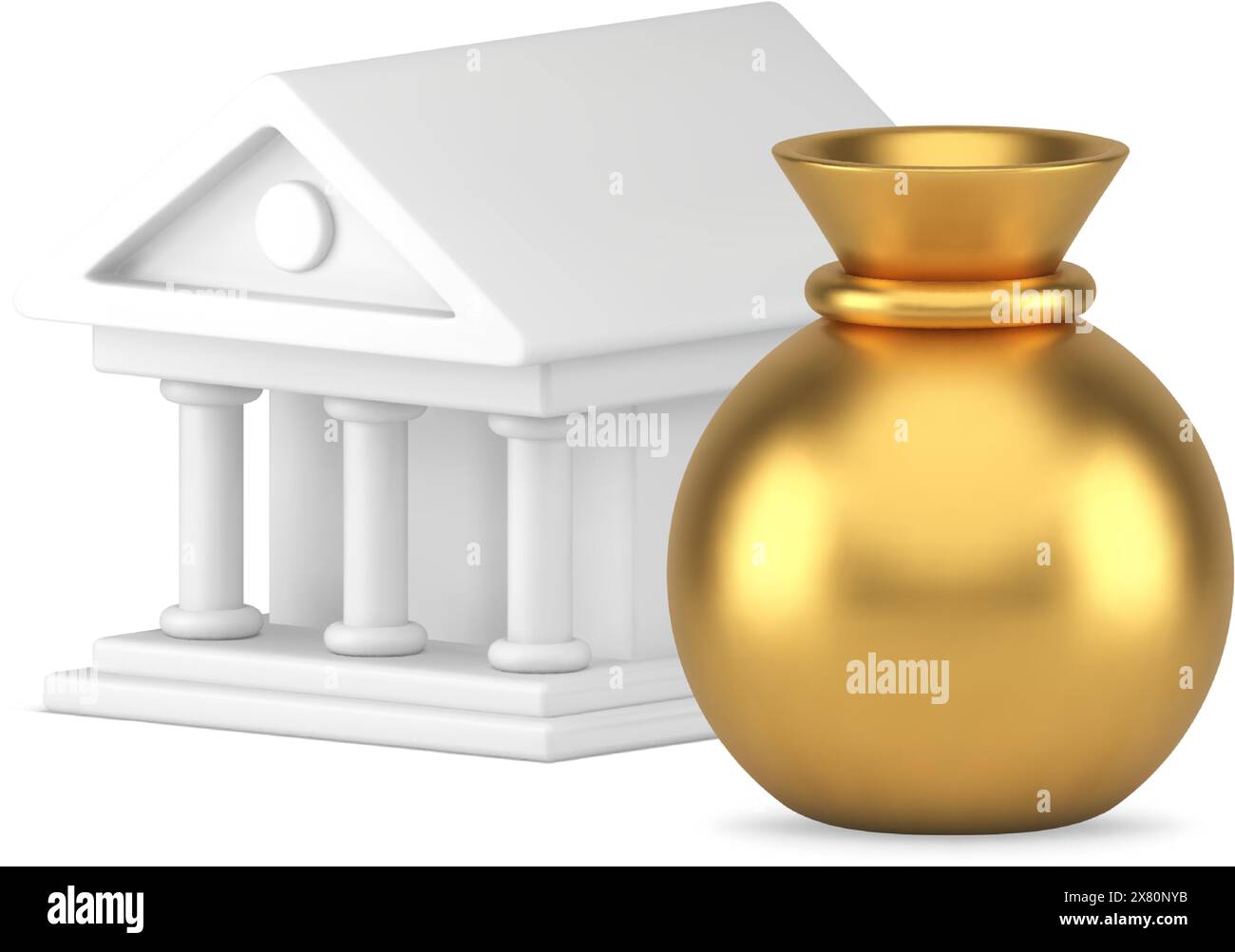 Commercial business bank antique Roman building with pillars and golden metallic sack realistic 3d icon vector illustration. Ancient Greek architectur Stock Vector