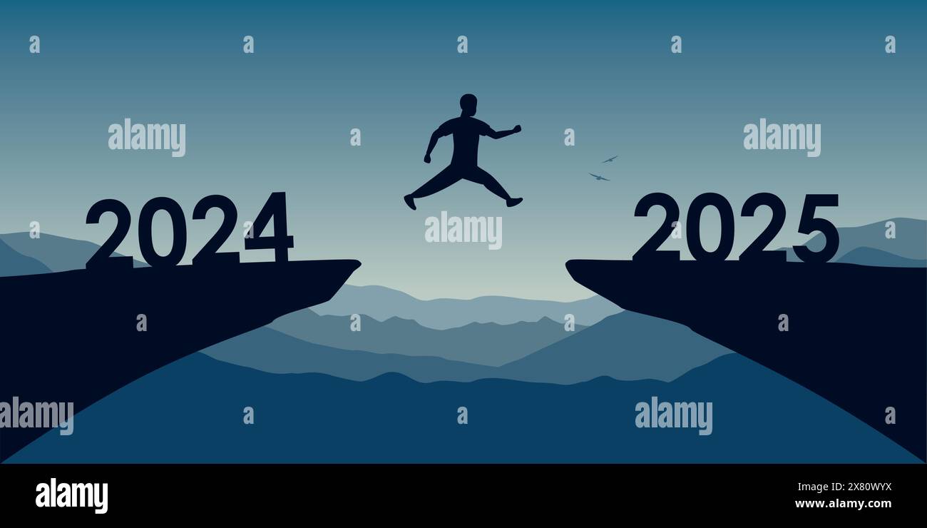 man jumping over a cliff from 2024 to 2025 vector ilustration Stock