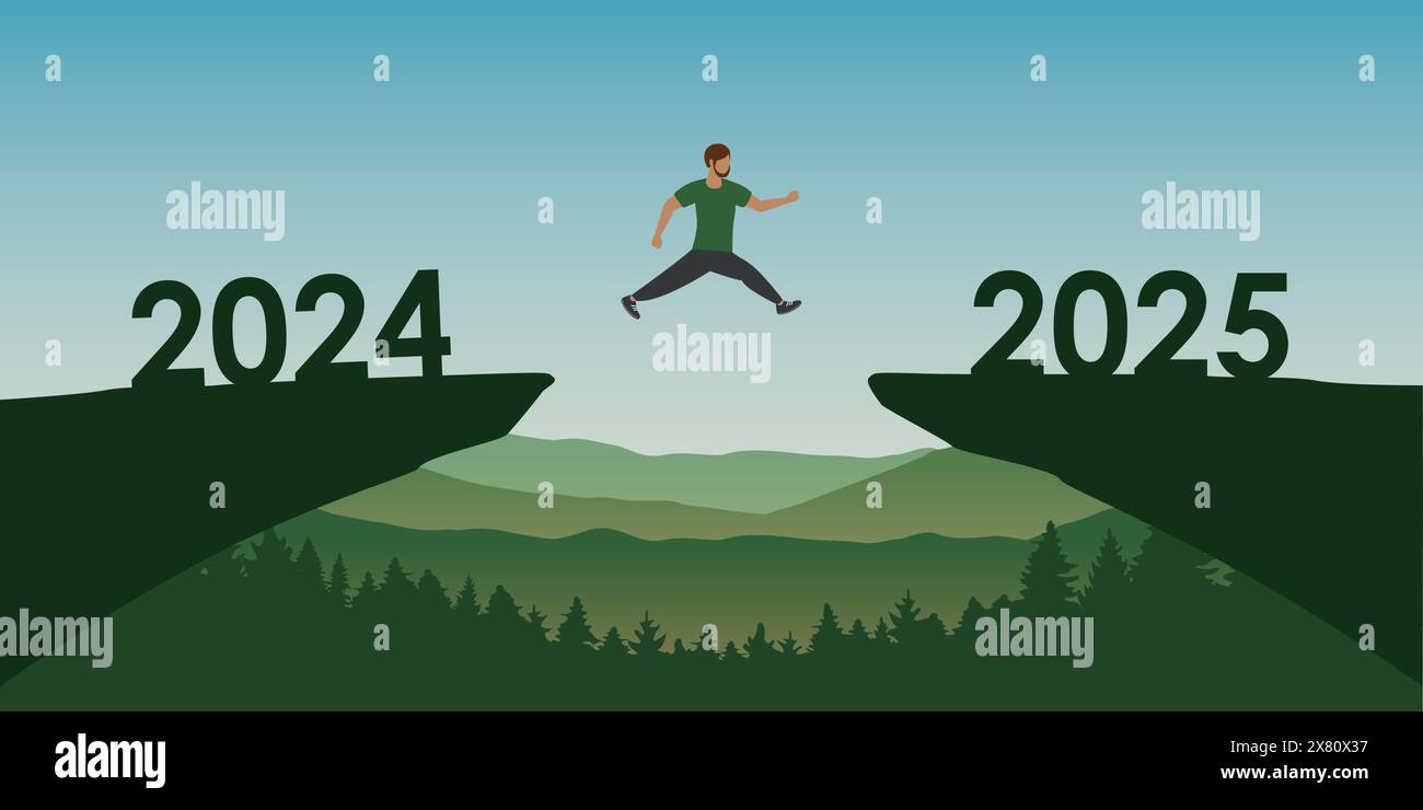 man jumping over a cliff from 2024 to 2025 vector ilustration Stock