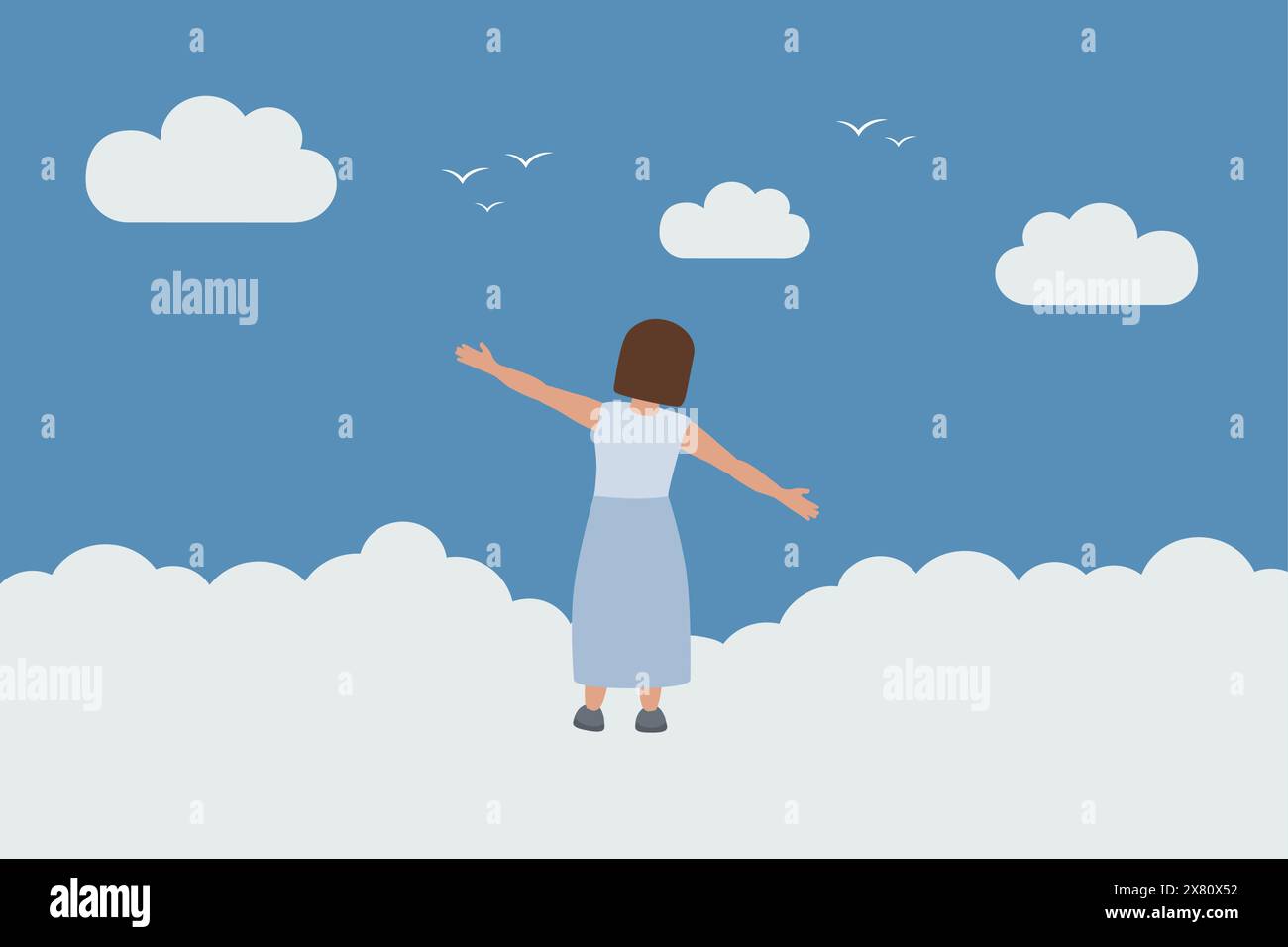 little girl dream about flying with birds in the sky vector ...