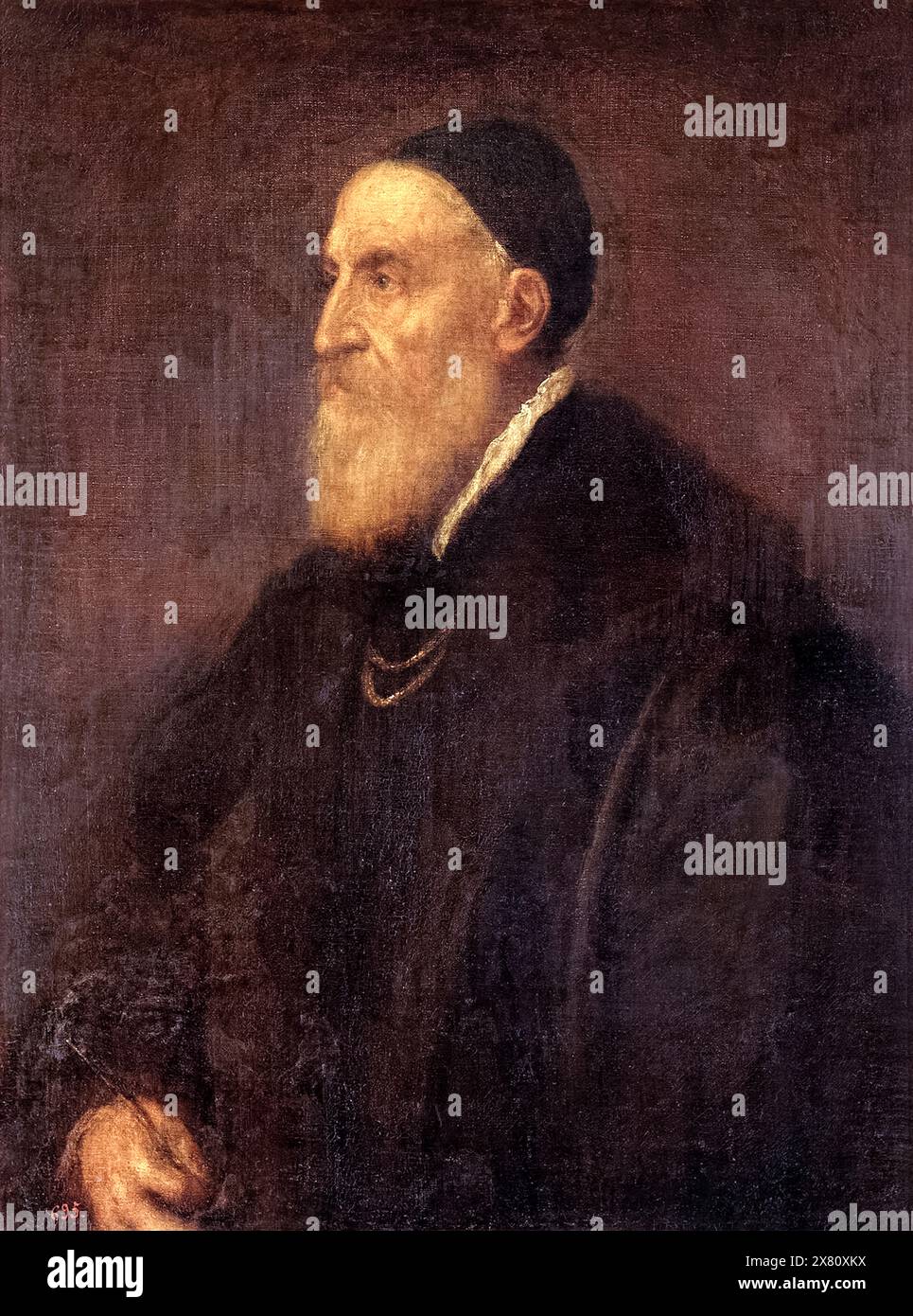 Titian Self-portrait by Venetian artist Titian (c.1490-1576) painted c,1567 wearing black and a golden chain showing his membership of the Holy Roman Empire’s Knights of the Golden Spur. Credit: Prado Museum / Universal Art Archive Stock Photo