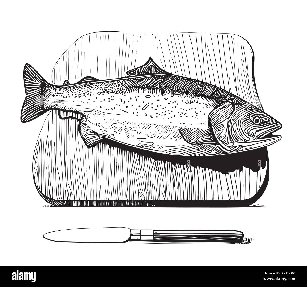 fish steak on cutting board hand drawing sketch engraving illustration style Stock Vector