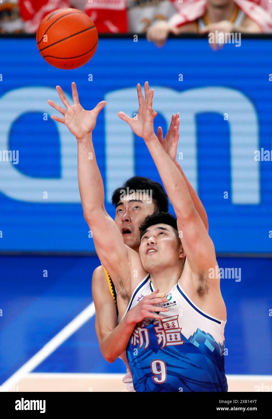 Urumqi, China's Xinjiang Uygur Autonomous Region. 22nd May, 2024. Wu Guanxi (front) of Xinjiang Flying Tigers vies for a rebound during the play-off final 4th leg match between Xinjiang Flying Tigers and Liaoning Flying Leopards at the 2023-2024 season of the Chinese Basketball Association (CBA) league in Urumqi, northwest China's Xinjiang Uygur Autonomous Region, May 22, 2024. Credit: Luo Yuan/Xinhua/Alamy Live News Stock Photo