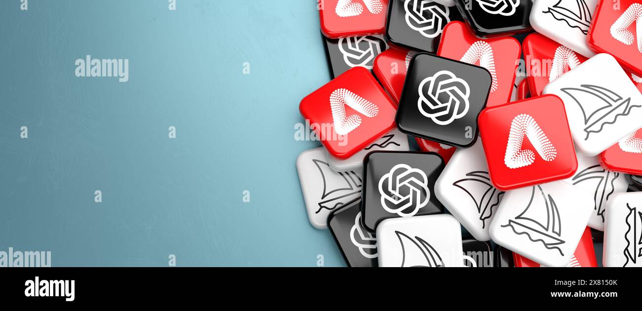 Logos of the main competitors for Generative AI image generation systems Adobe Firefly, Midjourney and OpenAI (Dall-E) on a heap on a table. Stock Photo