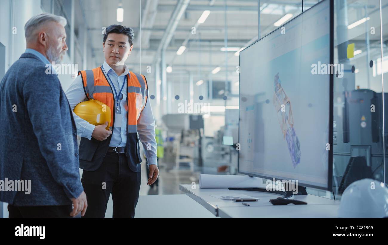 Factory Office Meeting: Engineer Talking with Industrial Parts Supplier ...