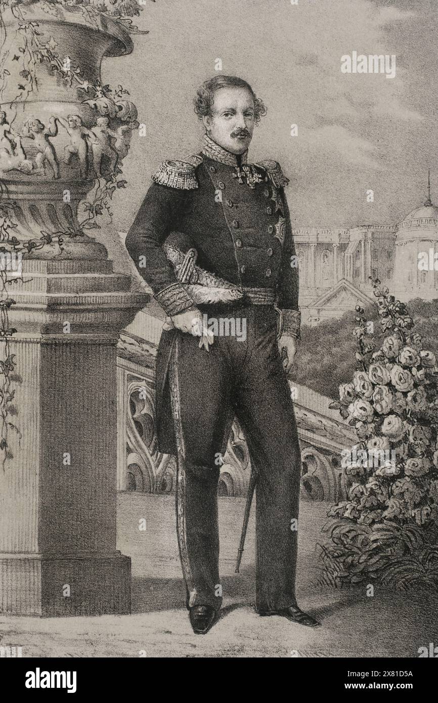 Frederick VII of Denmark (1808-1863). King of Denmark (1848-1863). Portrait. Drawing by C. Legrand. Lithography by J. Donón. 'Reyes Contemporáneos' (Contemporary Kings). Volume III. Published in Madrid, 1854. Stock Photo