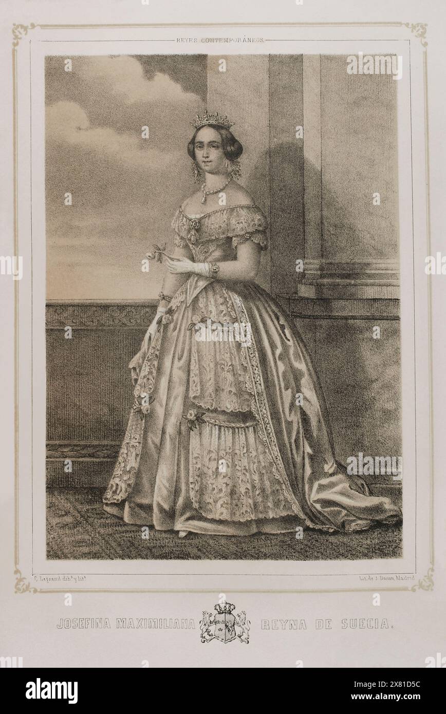 Josephine of Leuchtenberg (1807-1876). Queen consort of Sweden and Norway (1844-1859), as the wife of King Oscar I (1799-1859). Portrait. Drawing by C. Legrand. Lithography by J. Donón. 'Reyes Contemporáneos' (Contemporary Kings). Volume III. Published in Madrid, 1854. Stock Photo