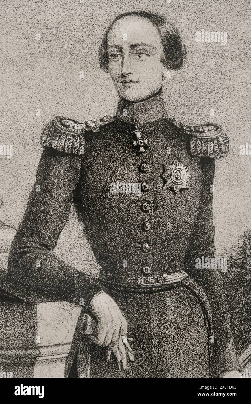 Leopold II of Belgium (1835-1909), whose birth name was Leopold Louis Philippe Maria Victor of Saxe-Coburg-Gotha. King of Belgium (1865-1909). Portrait as young, as heir to the throne. Drawing by C. Legrand. Lithography. Detail. "Reyes Contemporáneos" (Contemporary Kings). Volume III. Published in Madrid, 1854. Stock Photo