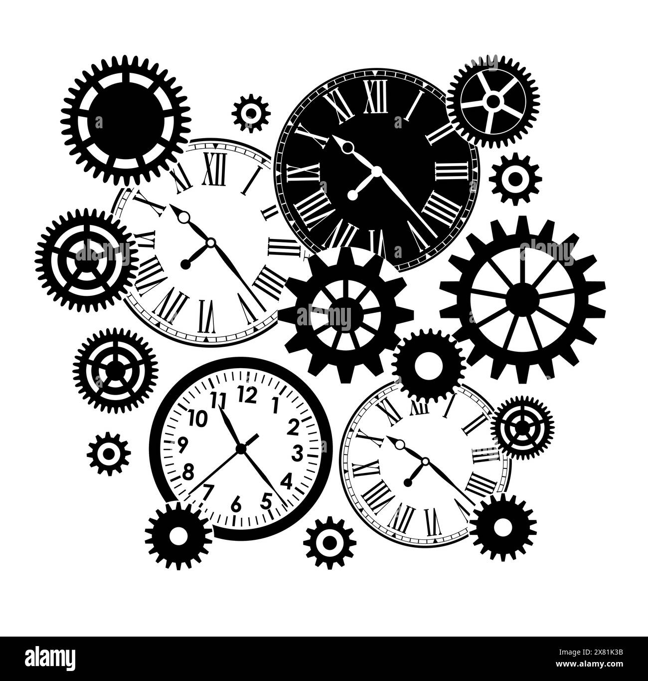 Black and white drawing of clocks and gears on white background Stock