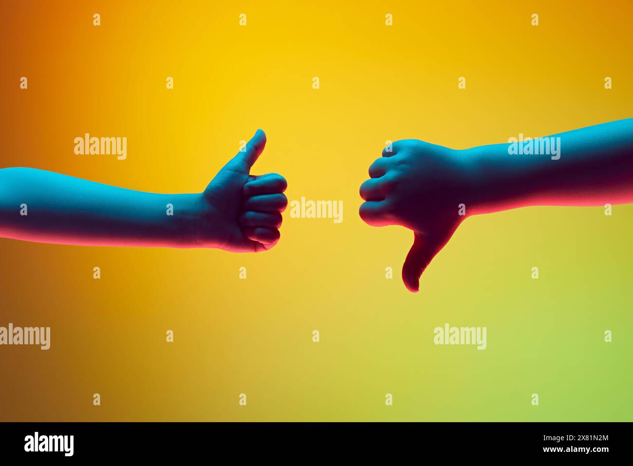 Opposing Opinions. One hand offers thumbs up in approval, while other ...