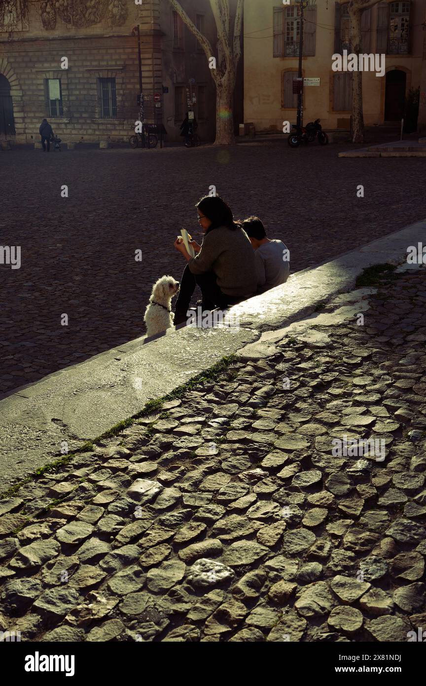 Mother, son and small white dog sitting on steps at Place du Palais des Papes, dimly bathed in the last rays of sunset light. Cobblestone surface. Stock Photo