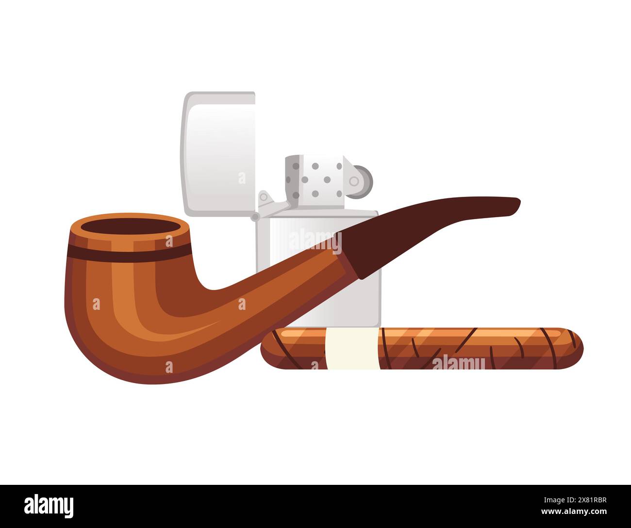 Wooden classic smoke pipe with cigar and lighter vector illustration isolated on white background Stock Vector