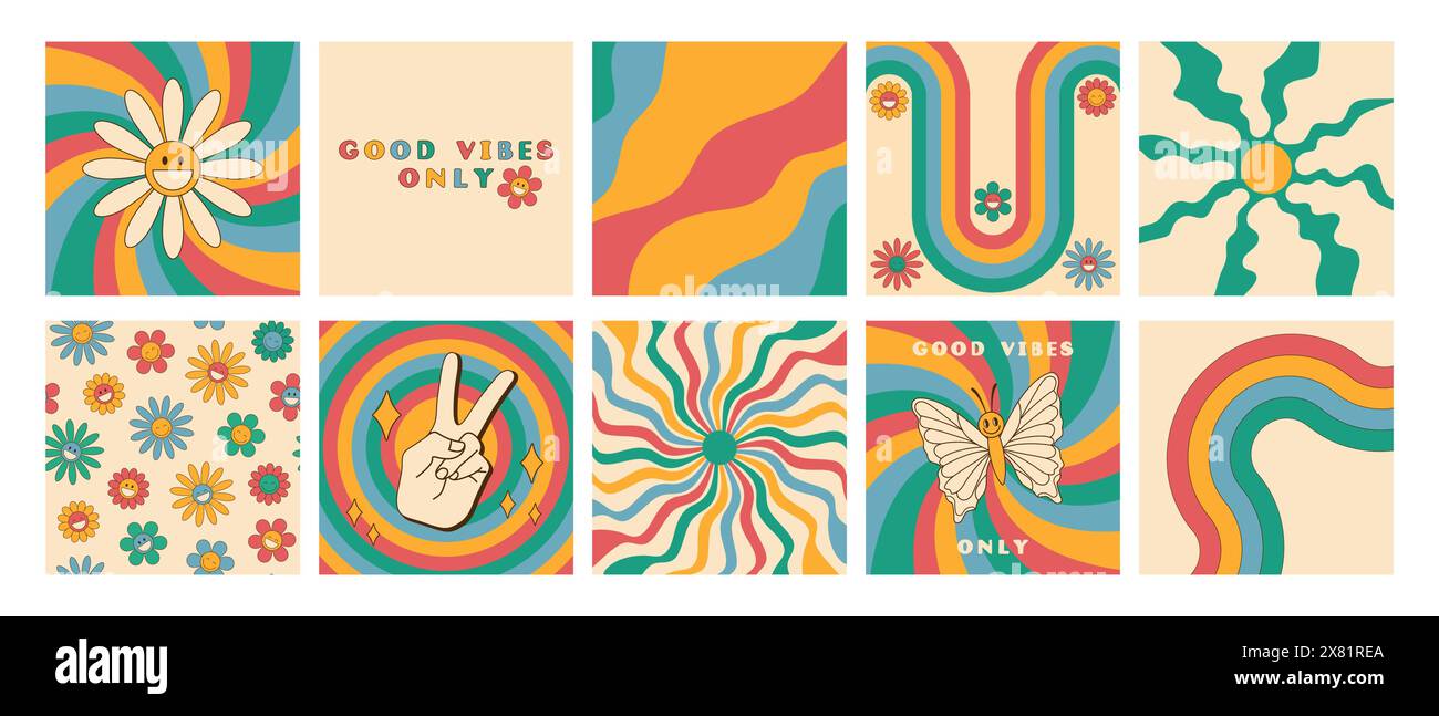 Set of groovy retro style cards in rainbow color. Good vibes only slogan, daisy flowers seamless pattern, butterfly, sunburst, twisted waves and peace Stock Vector