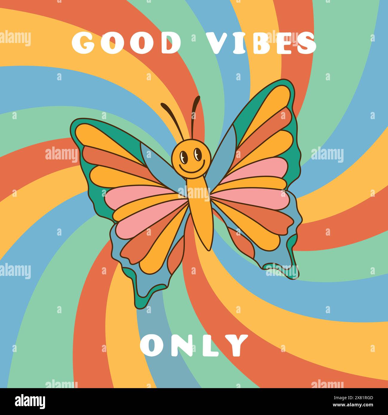 Groovy background with smiling colorful butterfly and swirl sunburst