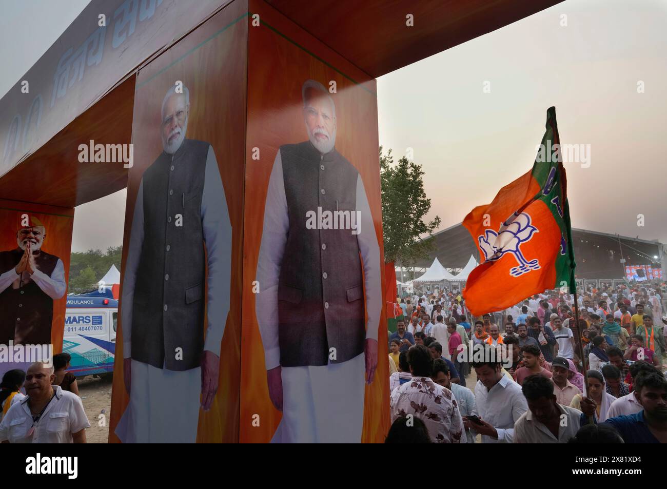 Portraits of Indian Prime Minister Narendra Modi are displayed at a ...