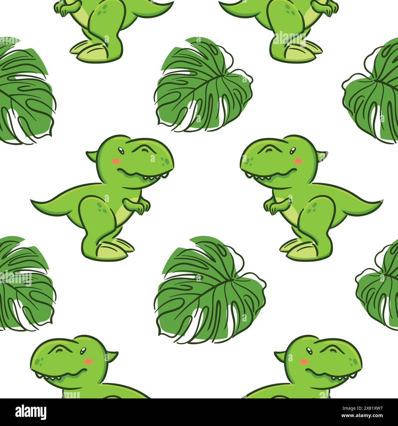Cute Tyrannosaurus rex in Asian kawaii style and monstera leaves seamless pattern. Dinosaur T-Rex, Prehistoric lizard. Cartoon character Funny vector Stock Vector