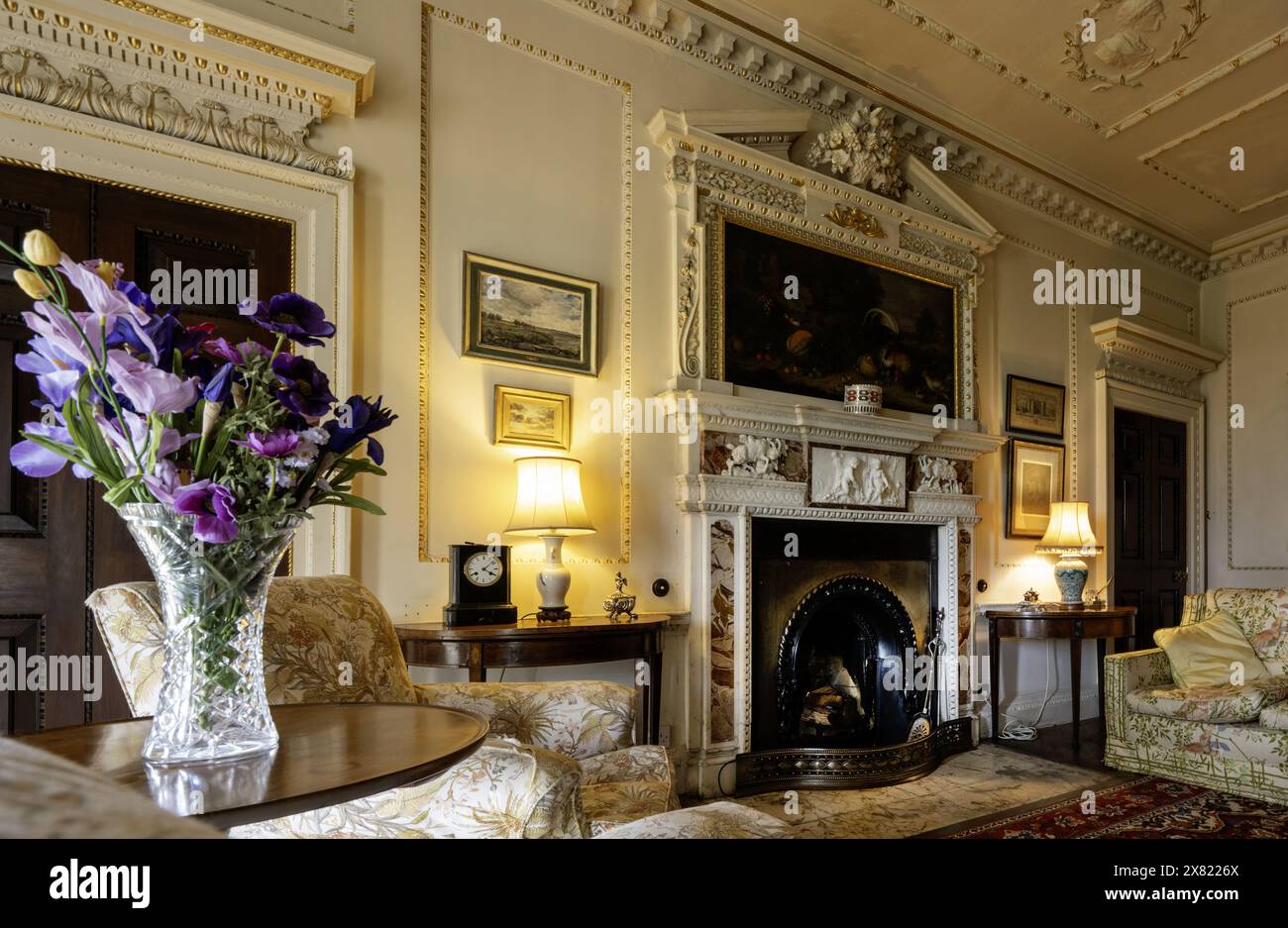 Picton Castle, The Rhos, Haverfordwest, Pembrokeshire, South Wales, Wales, UK - interior view of the White and Gold Sitting Room Stock Photo