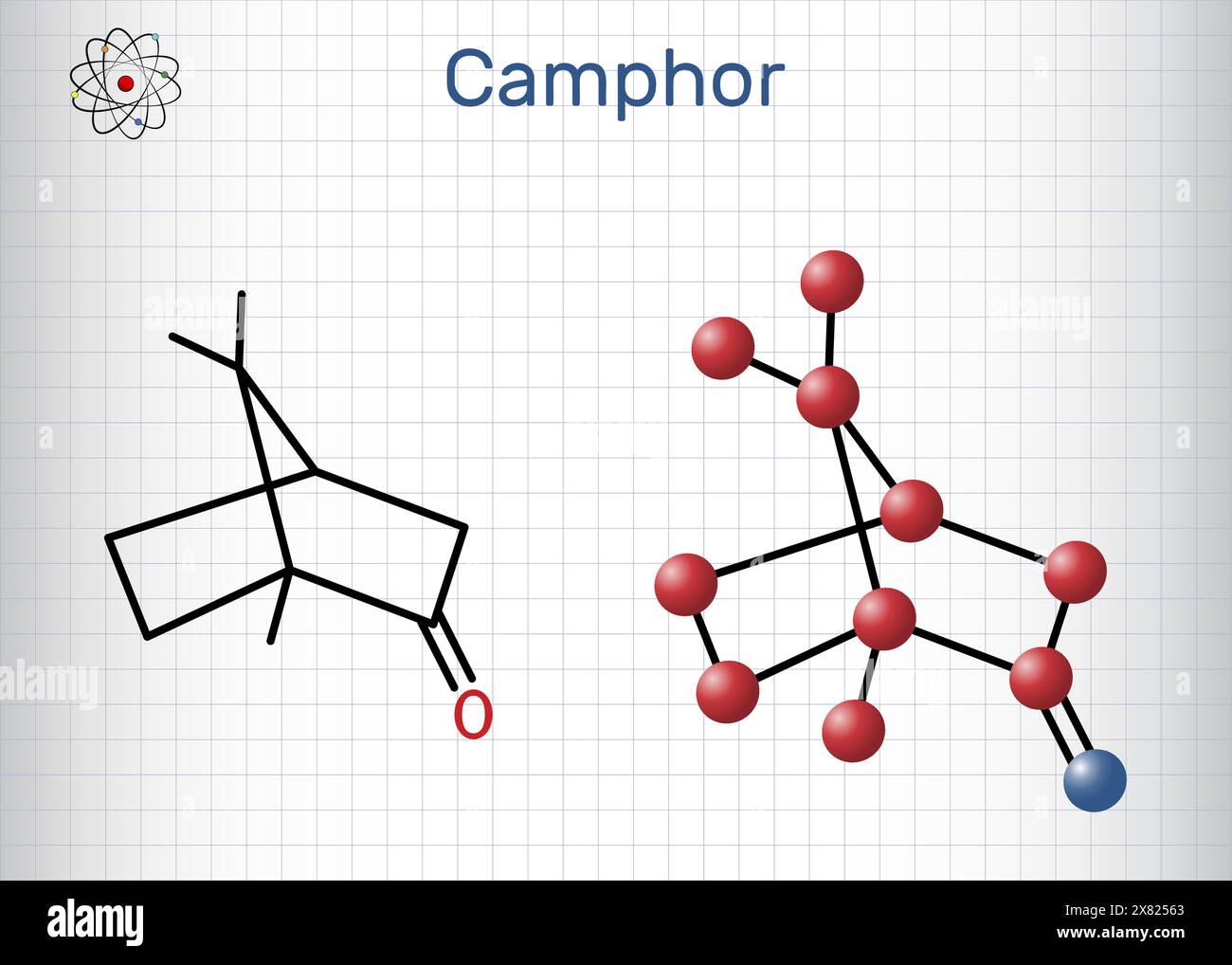 Camphor molecule. It is terpenoid and a cyclic ketone. Structural ...