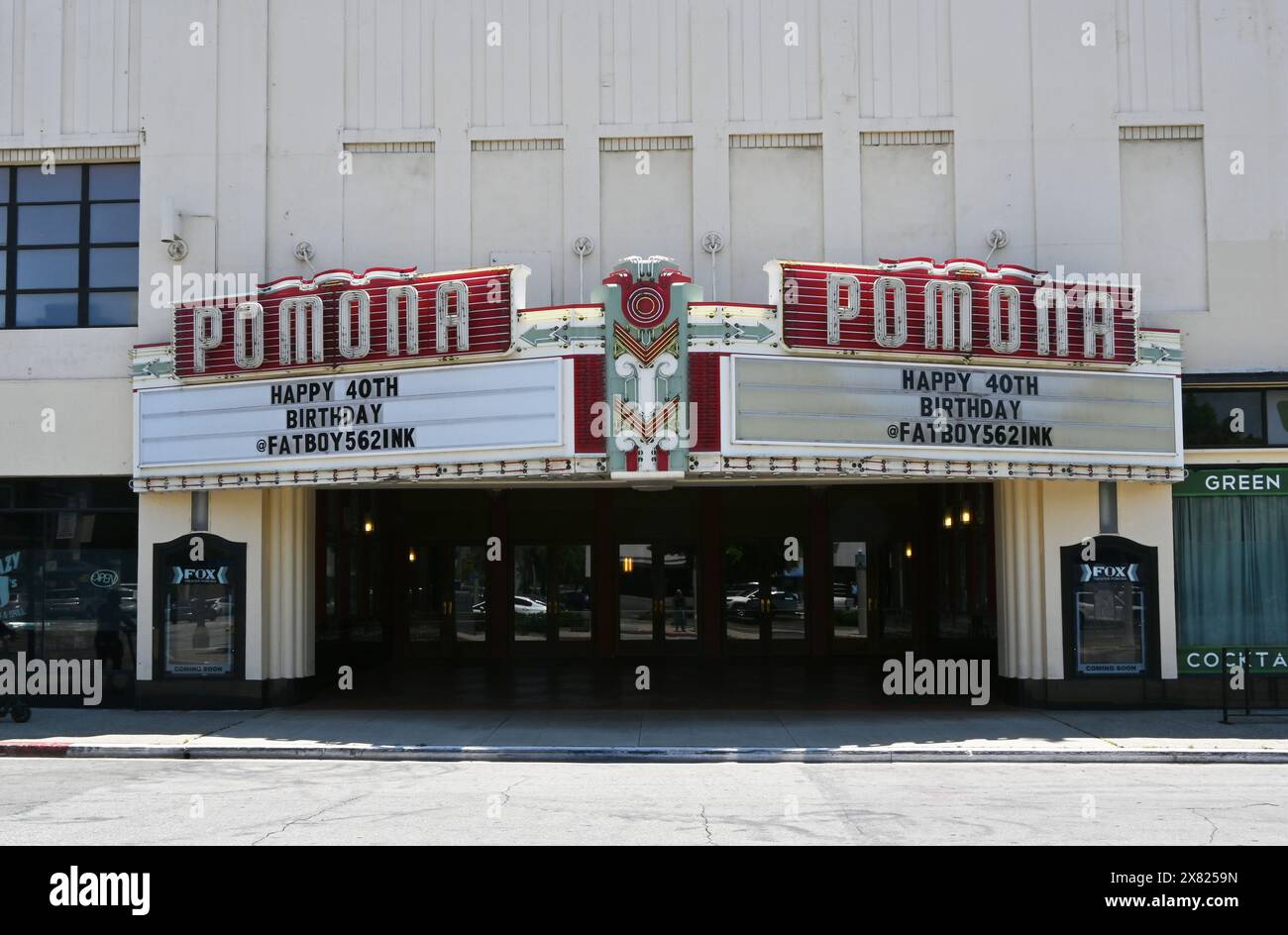 POMONA, CALIFORNIA - 18 MAY 2024: The Marquee and entrance to the Fox Theater, a fully restored Art Deco movie palace built in 1931. Stock Photo