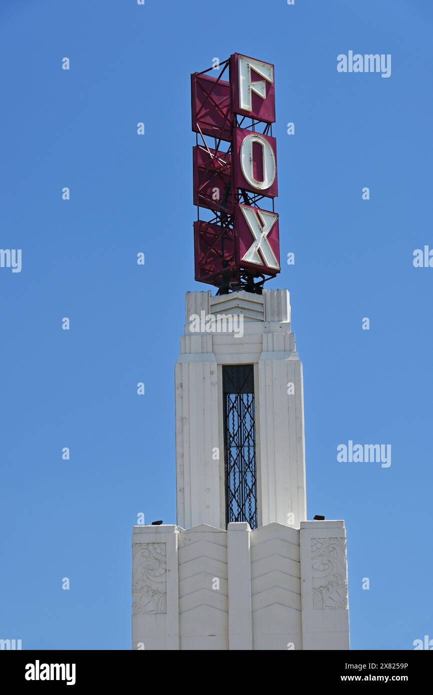 POMONA, CALIFORNIA - 18 MAY 2024: Closeup of the the Fox Theater tower sign on the  fully restored Art Deco movie palace built in 1931. Stock Photo