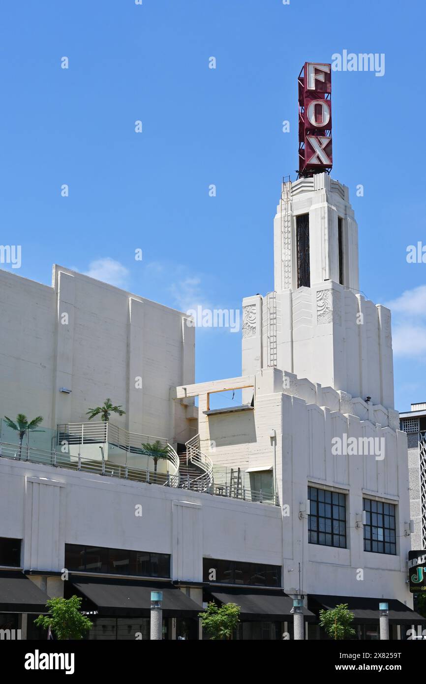 POMONA, CALIFORNIA - 18 MAY 2024: The Fox Theater Tower on the  fully restored Art Deco movie palace built in 1931. Stock Photo