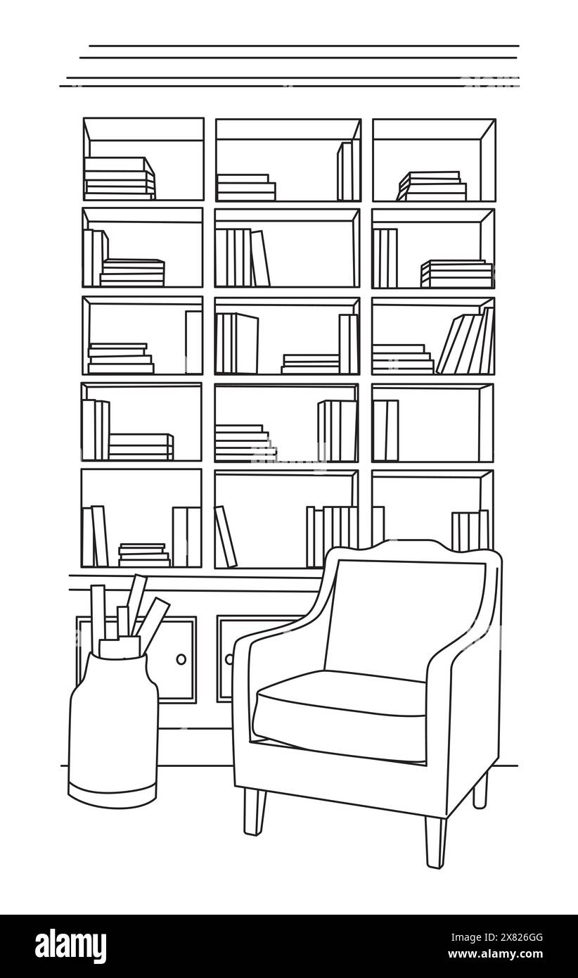 Interior of the home library with furniture: bookshelf with books accompanied by a chair. Internal linear style vector. Stock Vector
