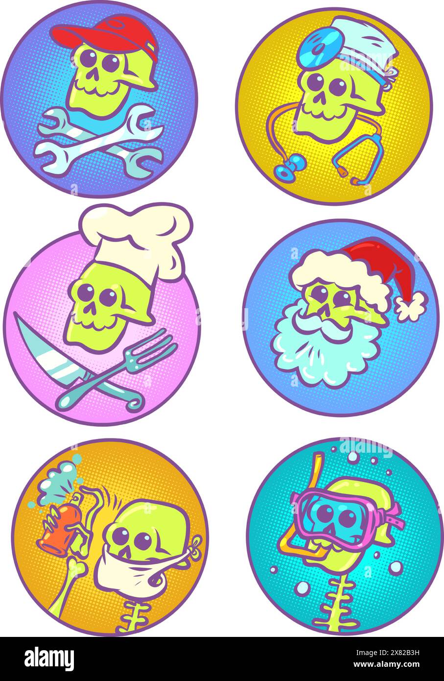 Set of professions with skeleton. A ready-made set of stickers, emojis and icons. Leisure time of the Halloween character. Comic cartoon pop art retro Stock Vector