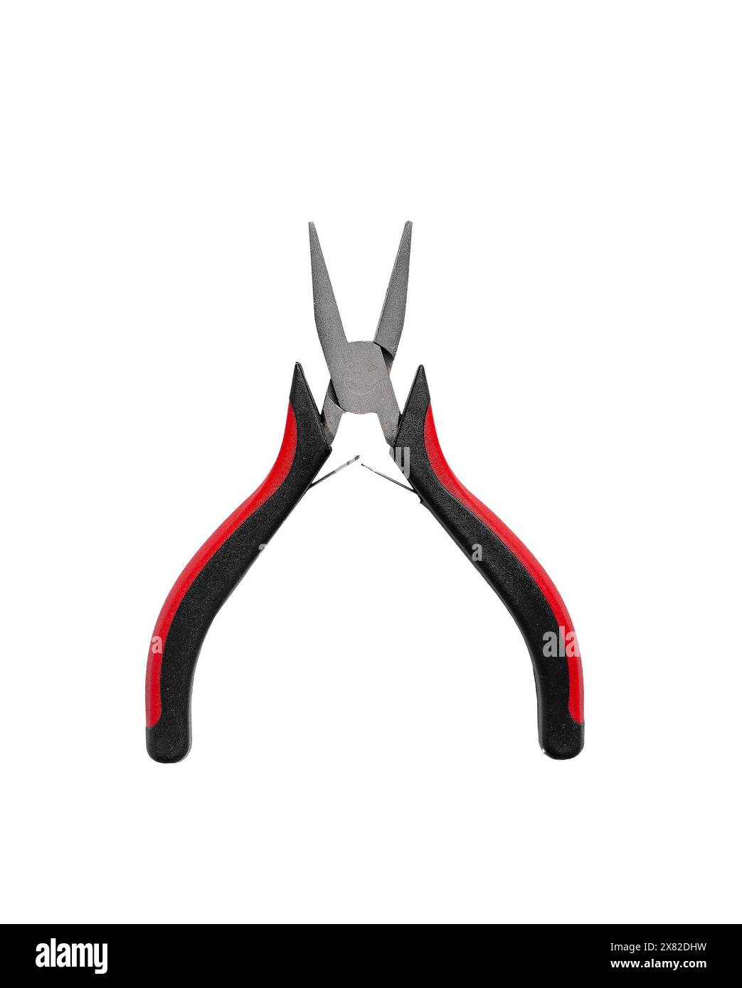 Isolated needle nose pliers on white background, long red clamp tool. Metal equipment for car repair, electrician wire cutting. Industrial tool with g Stock Photo