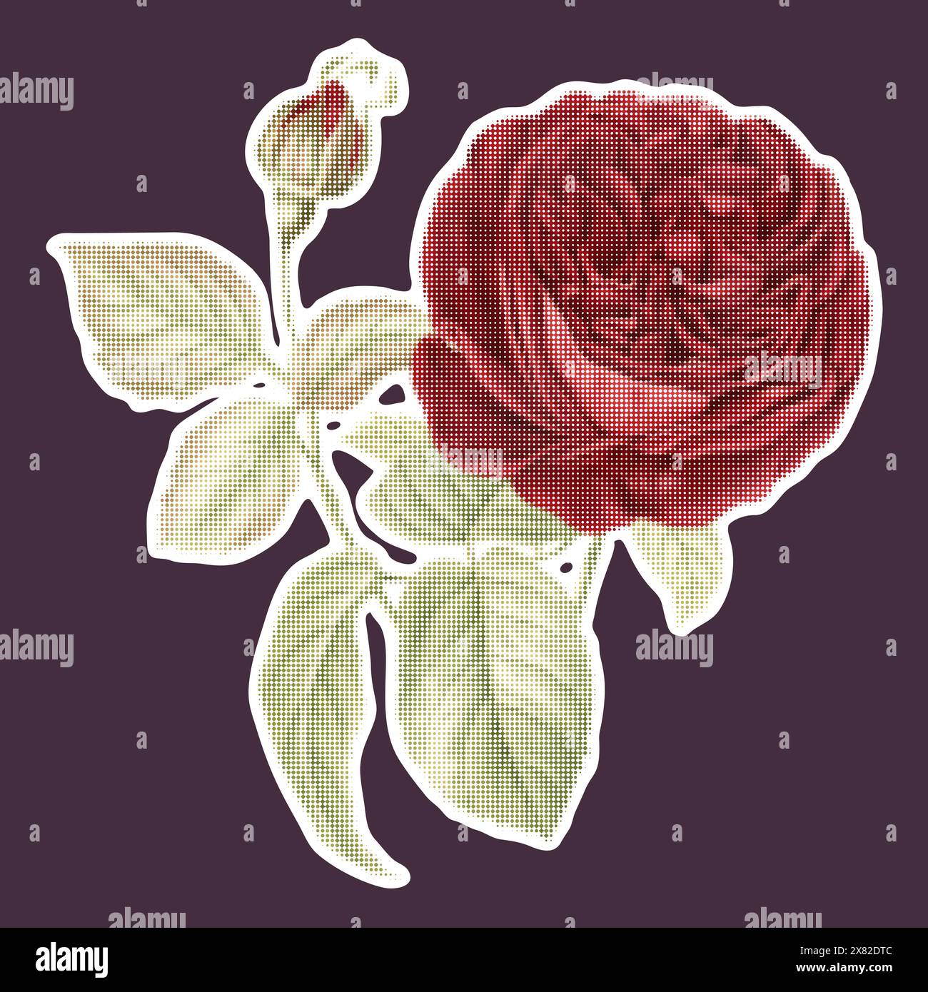 Halftone red rose collage element in y2k style, vintage punk, silhouette dots rose. Vector illustration Stock Vector