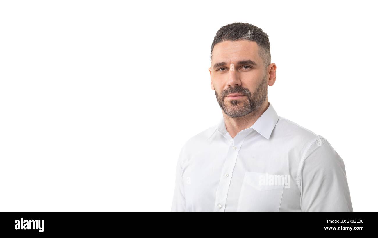 Man in a White Shirt Standing Against Plain White Background, Copy ...
