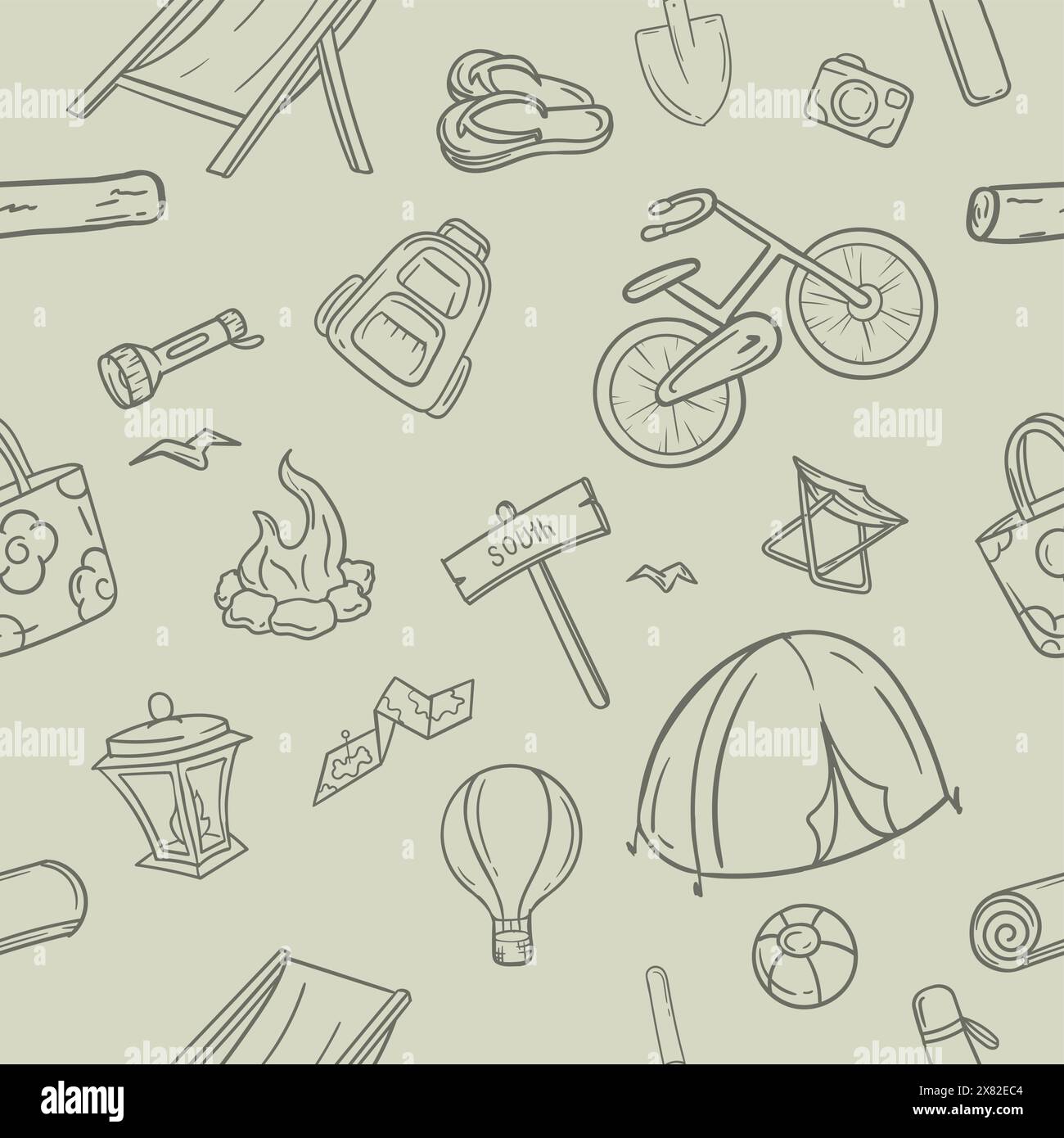 Seamless black and white pattern with hiking and camping items ...