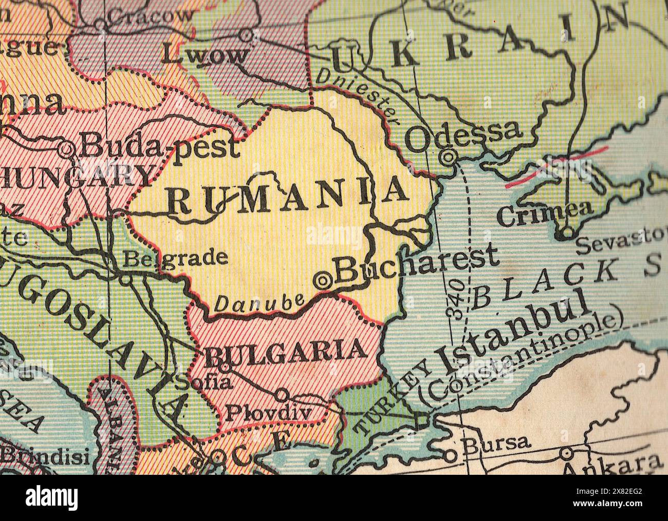 Detail from a vintage political map of Europe showing the Balkans. Stock Photo