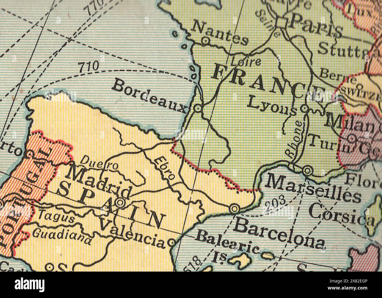 Detail from a vintage political map of Europe showing the French and Spanish border Stock Photo