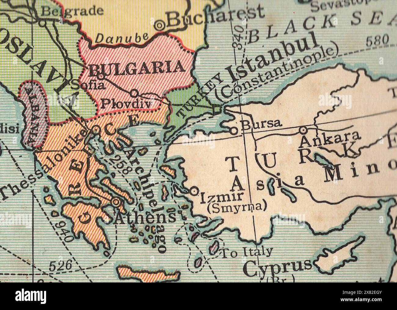 Detail from a vintage political map of Europe showing Bulgaria. Stock Photo