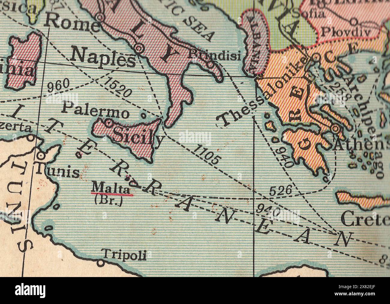 Detail from a vintage political - Detail From A Vintage Political Map Of Europe Showing The Mediterranean Sea 2X82EJF 