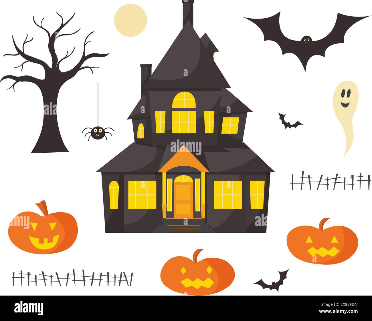 Happy Halloween isolated vector elements for design, print on transparent background. Collection of cute spooky characters ghost, pumpkin, bat, spider Stock Vector