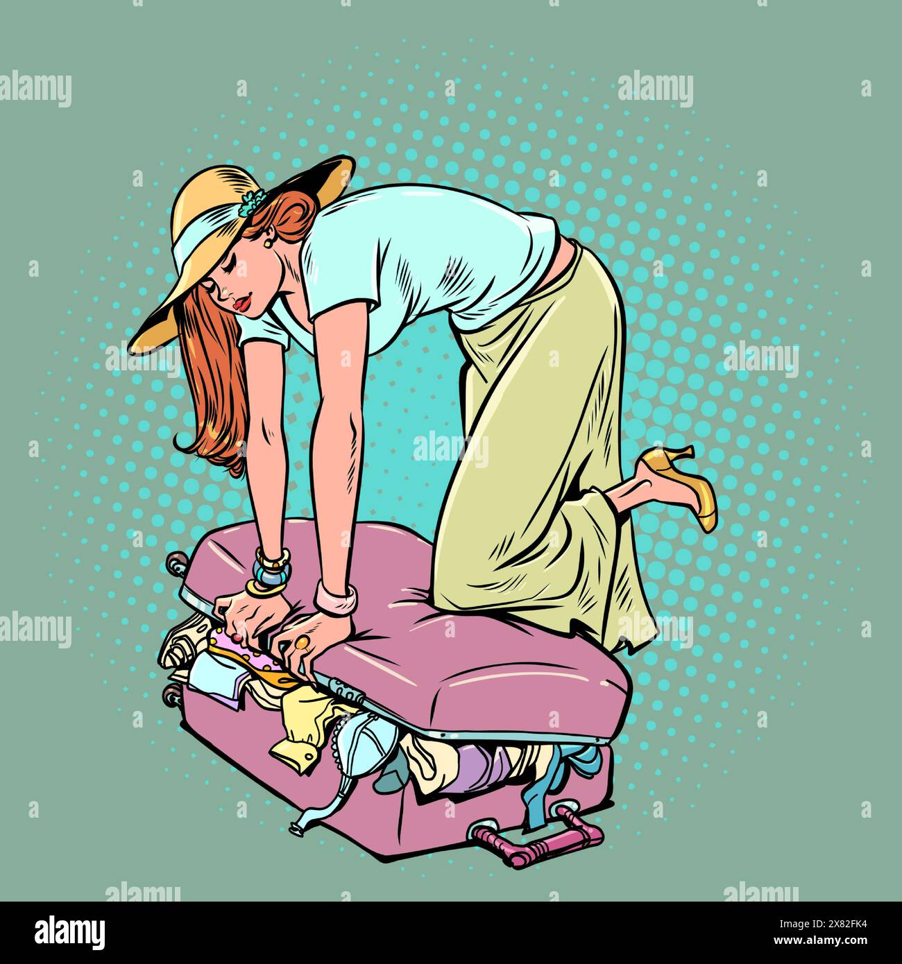 A girl packs her suitcase for a summer vacation. Organizing luggage for the flight. Buying the best air tickets. Pop Art Retro Vector Illustration Kit Stock Vector