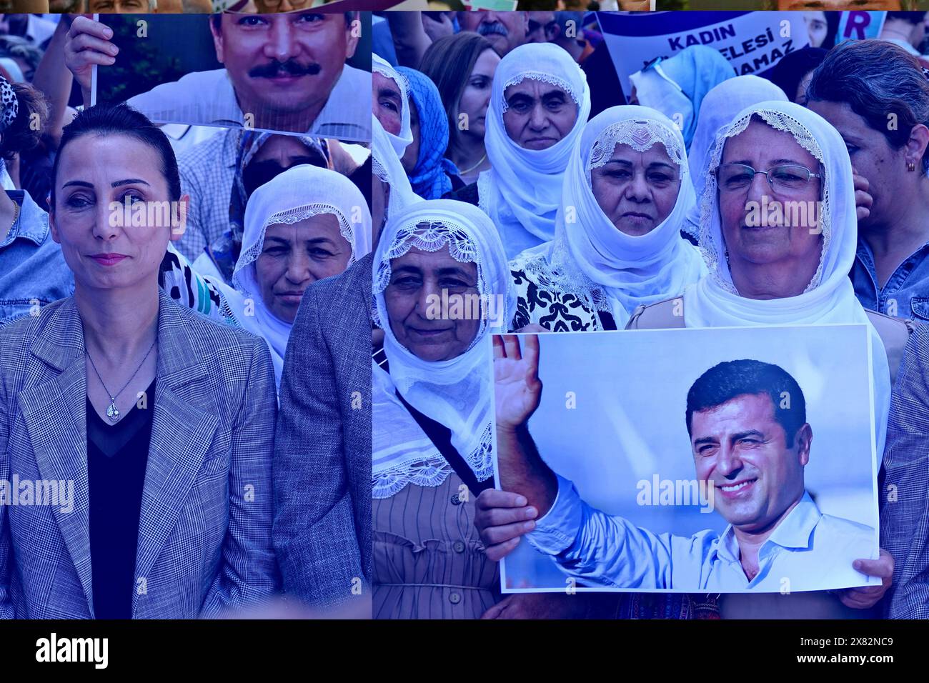 May 22, 2024, Diyarbakir, Turkey: People's Equality and Democracy Party (DEM Party) Co-Chairman Tulay Hatimogullari (M) and Democratic Regions Party Co-Chairman Keskin Bayindir (R2) are seen with a Kurdish Peace Mother during the demonstration. The long prison sentences given to some Kurdish politicians in Turkey were protested with a march and press statement organized by the People's Equality and Democracy Party (DEM Party), Democratic Regions Party (DBP) and the Free Women's Movement (TJA-Tevgera JinÃªn Azad) organization in Diyarbakir. Many police officers were seen during the protest, but Stock Photo