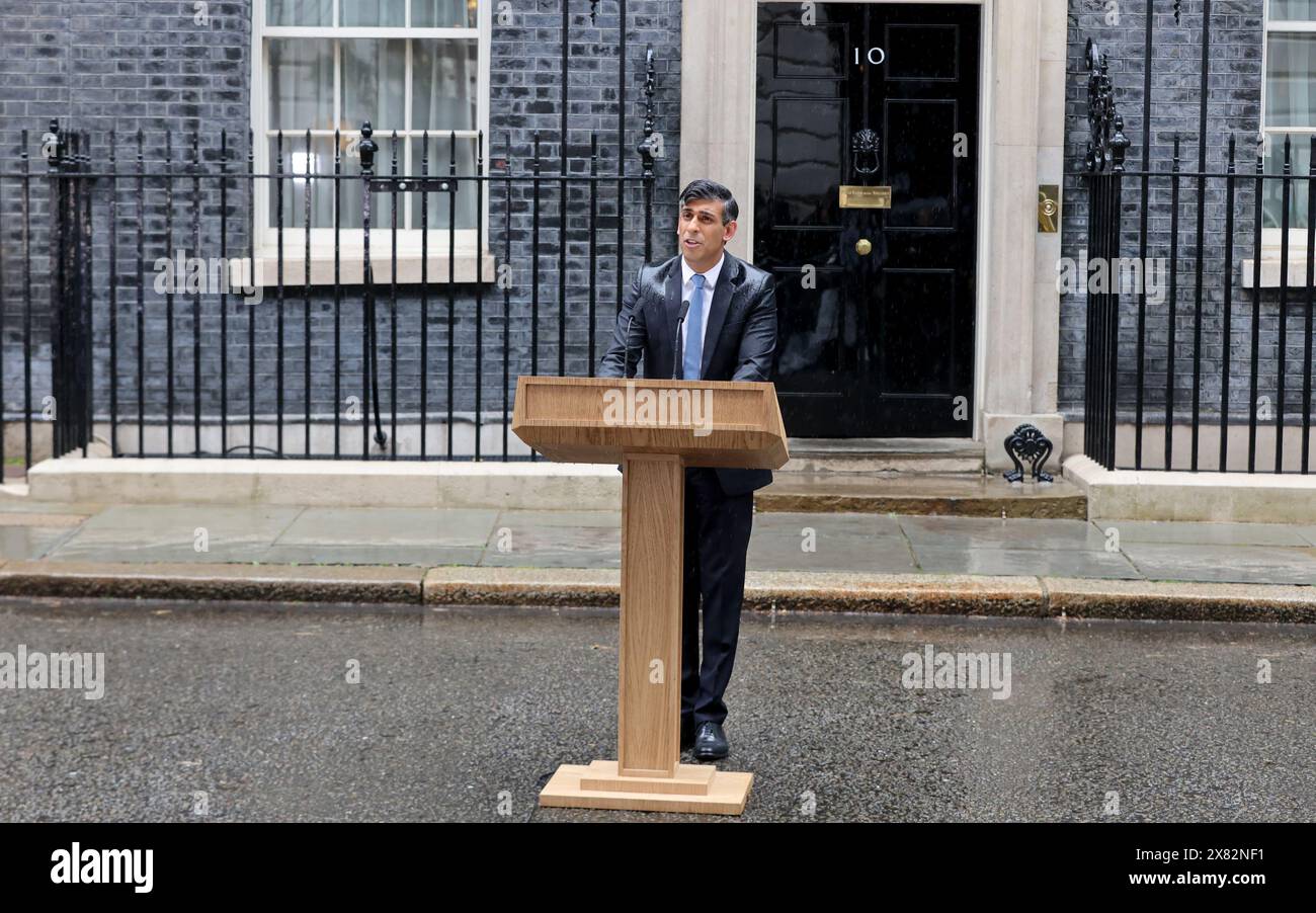 London, UK. 22nd May, 2024. British Prime Minister Rishi Sunak speaks outside 10 Downing Street in London, Britain, on May 22, 2024. Sunak announced on Wednesday that the country will hold a general election on July 4. Credit: Xinhua/Alamy Live News Stock Photo
