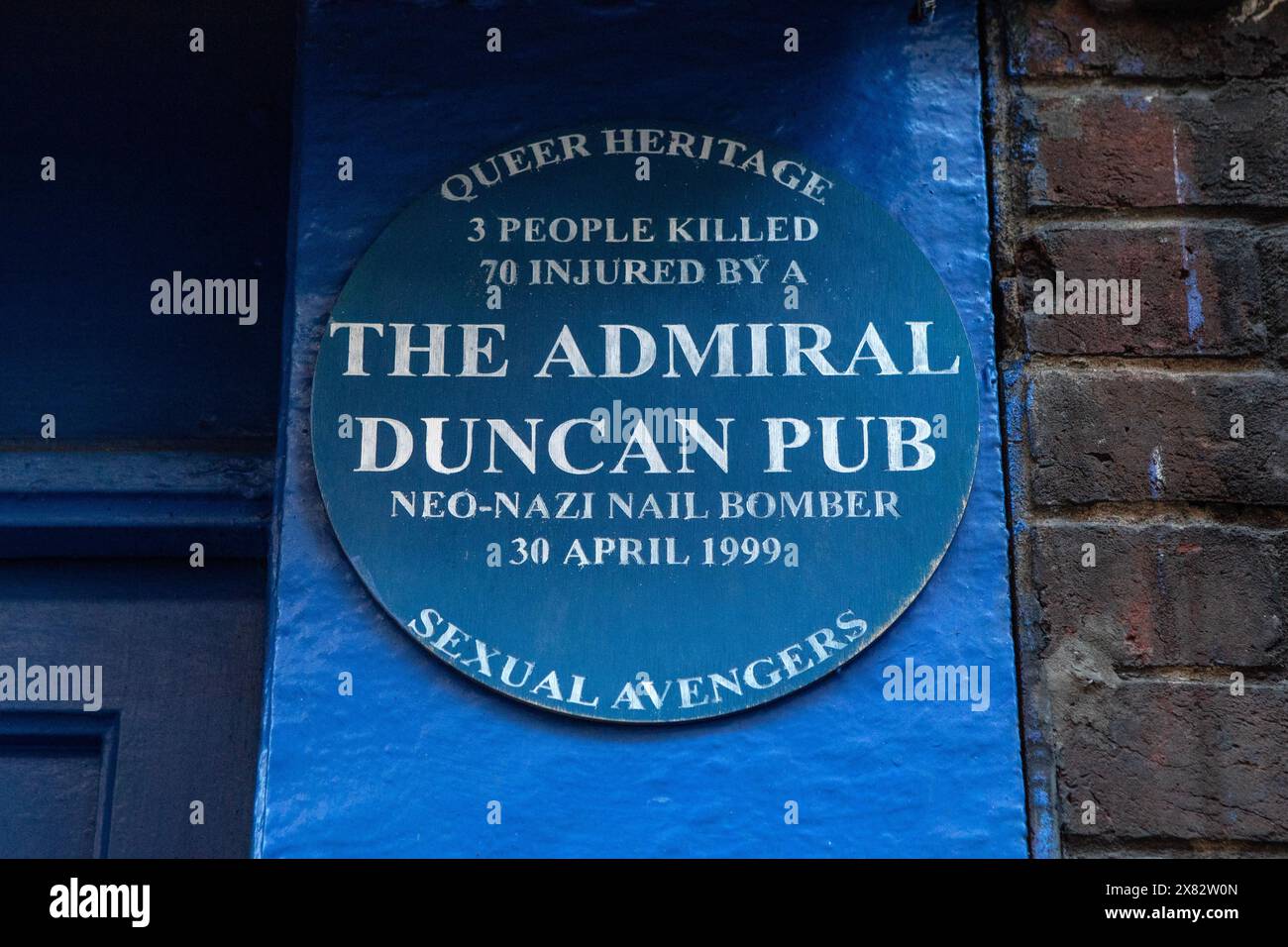 London, UK - January 15th 2024: A plaque on the exterior of the Admiral Duncan pub in Soho, London, remembering the nail bomb that exploded in 1999 ki Stock Photo