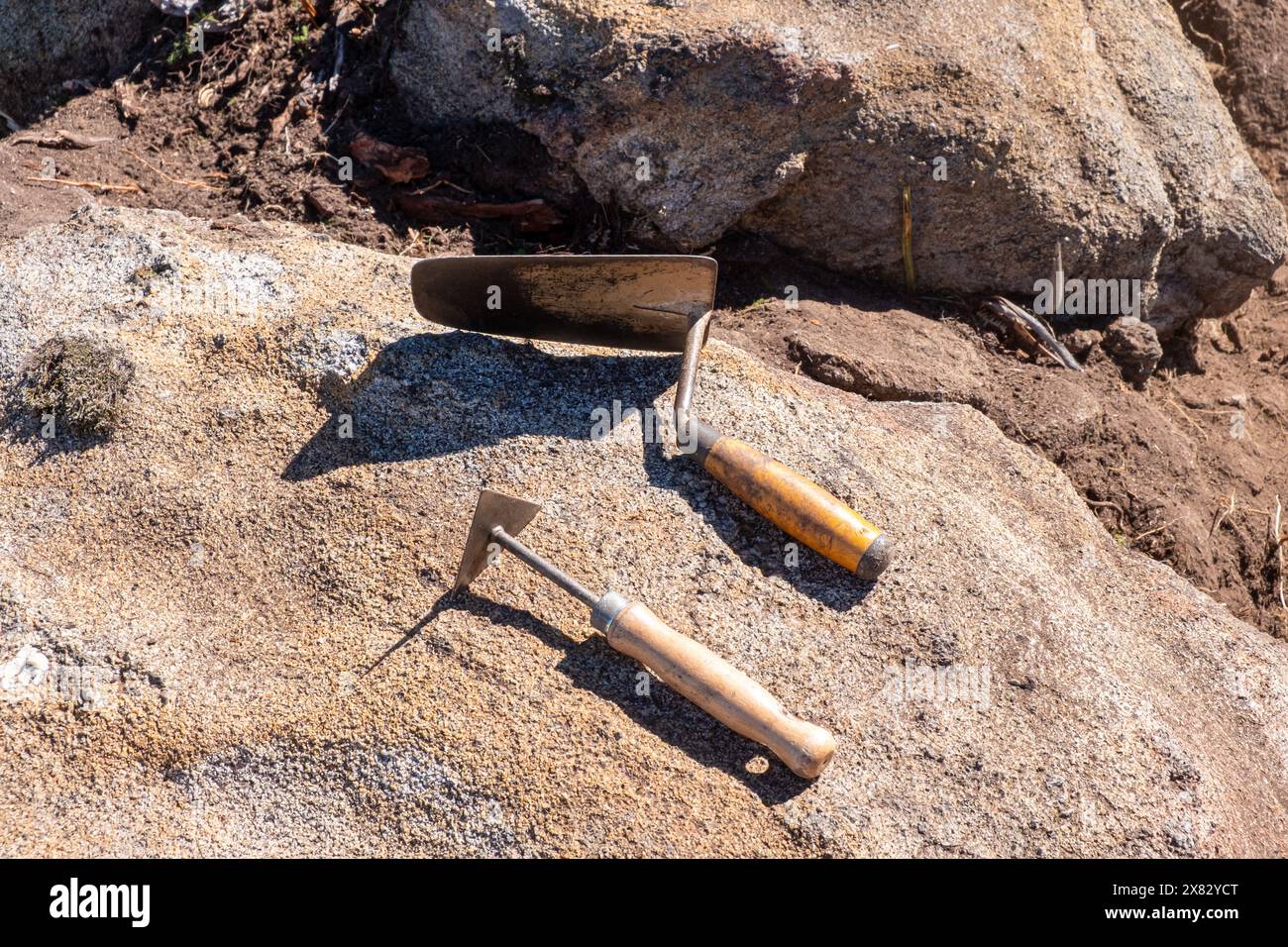 various working tools in an archaeological excavation Stock Photo